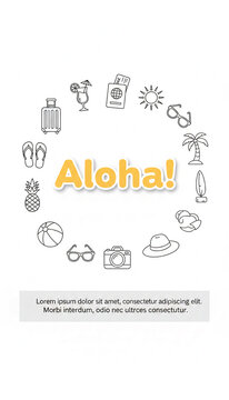 Outline icon collection framing "Aloha" text, representing vacation and summer travel, with a text box for promotional content, ideal for travel marketing.