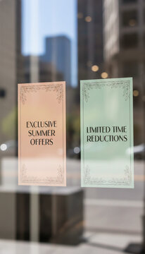 Two posters on a window showcasing "Exclusive Summer Offers" and "Limited Time Reductions," symbolizing retail sales and promotions for businesses.