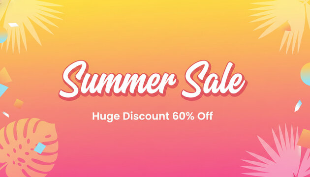 Gradient background with palm leaves and confetti, announcing a summer sale with 60% off, representing discount and seasonal promotion.