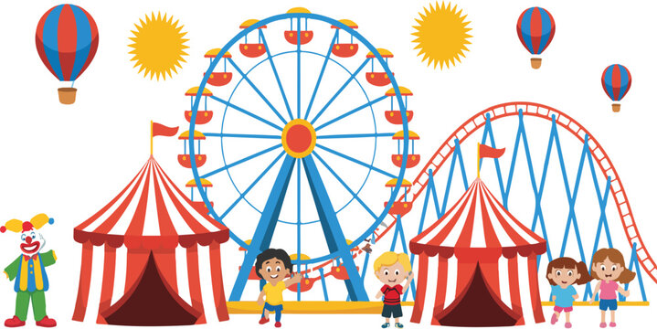Colorful amusement park carnival scene with ferris wheel roller coaster circus tents and happy kids, cartoon vector illustration set