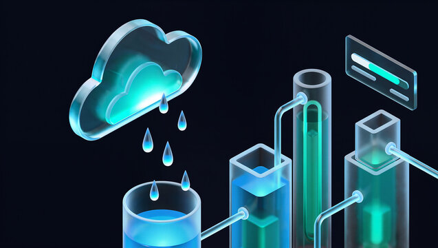 Glass cloud raindrops and water collection containers 3D illustration, rainwater harvesting concept, sustainable water management infographic