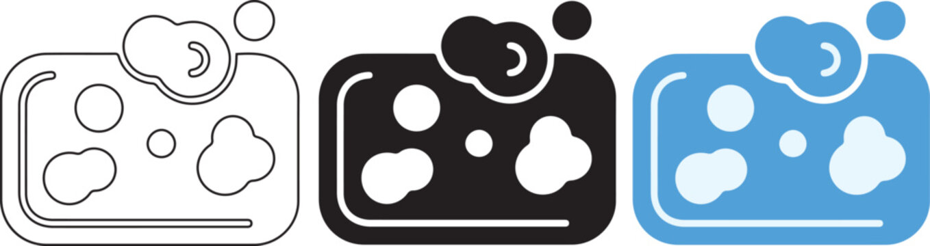 Bar soap with foam and bubbles icon set hygiene and cleaning symbols in outline art solid black and flat blue styles