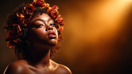 Naklejka premium A striking portrait of a woman adorned with a vibrant floral headpiece, captured in warm lighting, exuding confidence and beauty in an artistic environment.