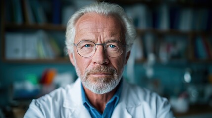 Fototapeta premium An elderly scientist, wearing glasses and a lab coat, gazes thoughtfully at the camera. This portrait exudes wisdom and the importance of research in advancing knowledge.