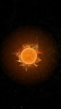 Exploding sun sphere with fiery orange particles and solar flares against a dark textured background with high energy rays