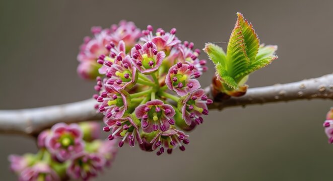 Macro shot of tiny elm tree flowers blooming on a thin branch, representing the bach flower essence used for emotional support and balance, tranquility, organic, ulmus