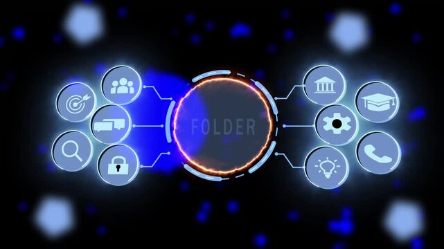 Futuristic digital folder interface with animated hud glowing circular data hub, interactive ui cybernetic network connectivity, and high-tech abstract background motion