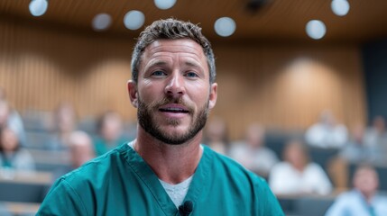 Fototapeta premium A confident male medical professional wearing scrubs engages with an audience in a modern lecture hall, embodying dedication to education and healthcare professions.