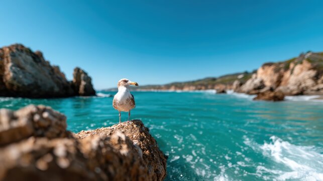 A solitary seagull perched on a rock along the coast, beautifully captured against the backdrop of turquoise waters and rugged cliffs under a clear blue sky.