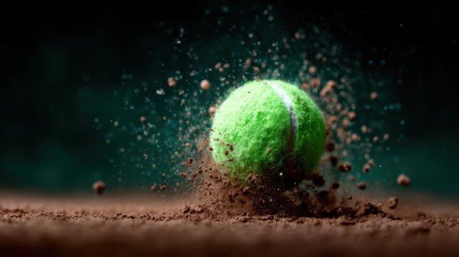 A bright green tennis ball hits the dusty surface of a court, capturing the dynamic motion and excitement of sports, with dust clouds indicating vigorous play.