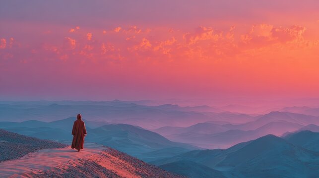 A solitary figure in a robe stands on a path overlooking breathtaking undulating mountains at sunset, representing introspection and the search for meaning in life.
