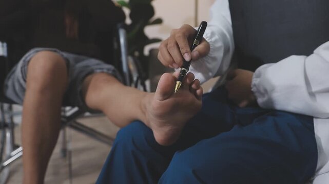 Professional physiotherapist supporting patient with orthopedic problem