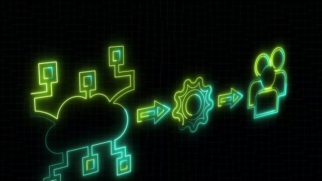 Neon line icons show software development work flow: code bug, settings gear, and team collaboration on dark grid background.