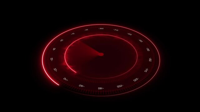 Radar scan animation with glowing red ring. Radar scan digital monitoring display. Radar scan technology interface graphic on black.