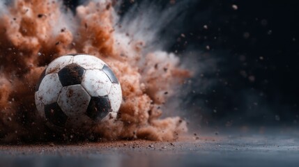 Naklejka premium A soccer ball erupts with dust in a captivating motion shot, depicting the intensity and excitement of the game, perfect for sports enthusiasts and athletes.