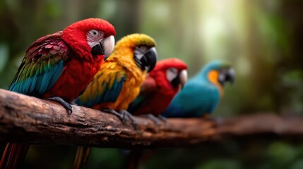 Naklejka premium A vivid display of four beautifully colored parrots sitting closely on a rustic wooden log, showcasing their vibrant feathers against a lush green background.