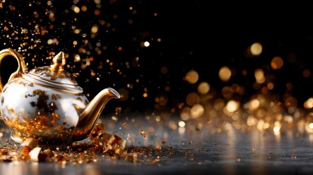 An artistic representation of a golden teapot releasing a dazzling explosion of sparkling dust, embodying creativity and the art of craftsmanship in still life photography.