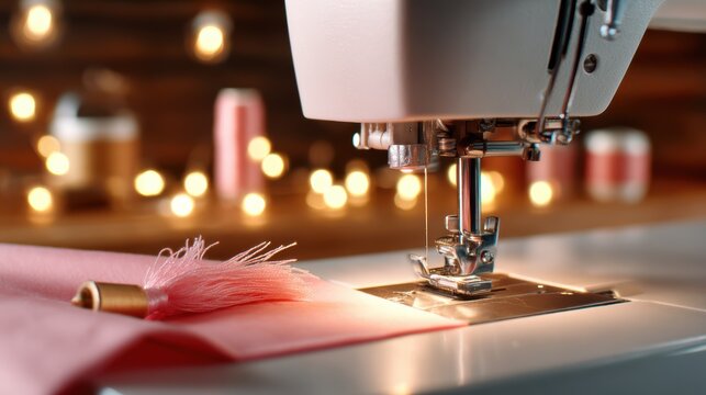 A close-up image of a sewing machine expertly stitching pink fabric, surrounded by vibrant spools of thread, representing creativity and craftsmanship in textile arts.