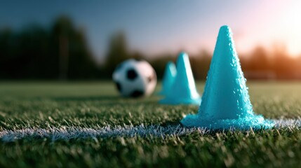 Obraz premium In a tranquil outdoor setting, colorful cones are arranged along a soccer field, providing a practice area for young athletes focusing on skills development and teamwork.