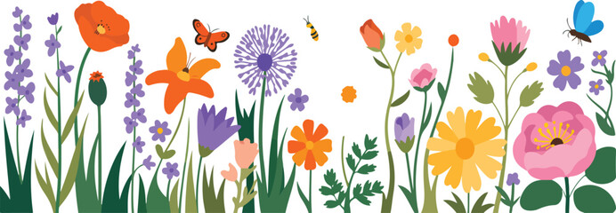 Vector set of summer garden flowers and insects isolated on white background with cottage backyard floral landscape illustration © Mst