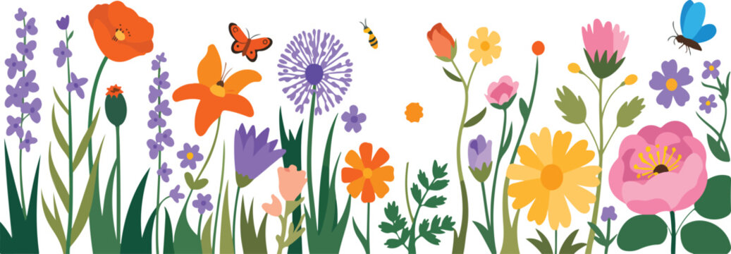 Vector set of summer garden flowers and insects isolated on white background with cottage backyard floral landscape illustration