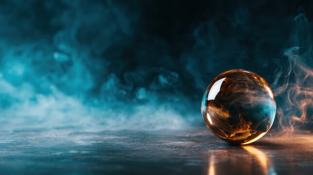 An artistic composition of a clear glass orb rests on a surface, surrounded by colorful smoke, creating a mesmerizing abstract scene that explores light, form, and depth in contemporary art.