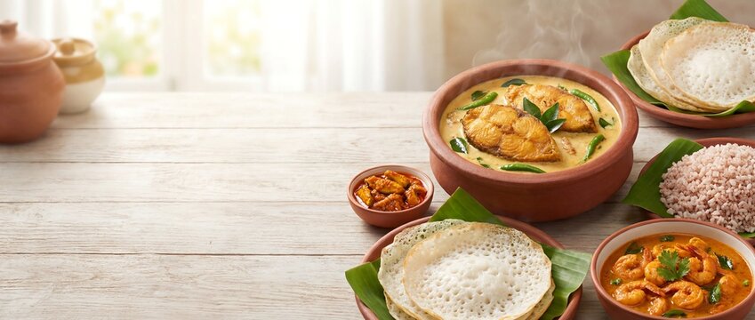 Traditional Kerala Sadya spread featuring fish curry, shrimp curry, appam, and red rice served in rustic clay pots on a wooden table.