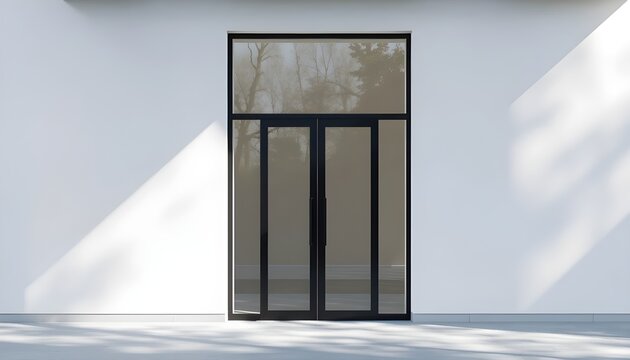 Modern minimalist exterior with a large glass door framed in black, set into a smooth white wall. Above the doorway, a rectangular transom window also framed in black reflects faint outlines of trees 