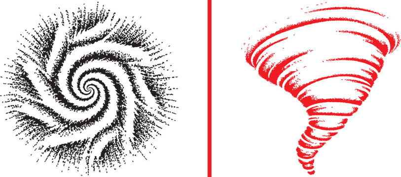 Tornado and spiral vortex vector illustrations with grainy texture. Representing natural disasters, atmospheric phenomena, and hypnotic motion