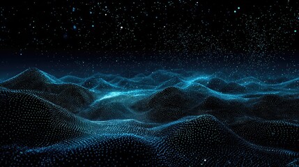 Naklejka premium Abstract blue digital terrain with sparkling particles against dark starry sky