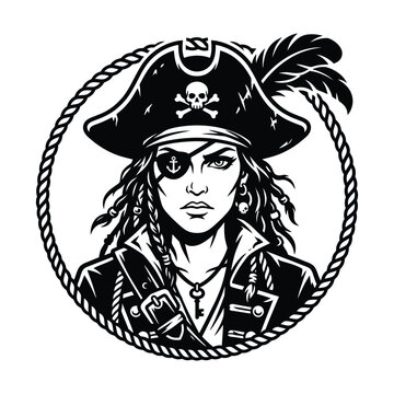 Pirate captain with eye patch and skull hat in circular rope frame