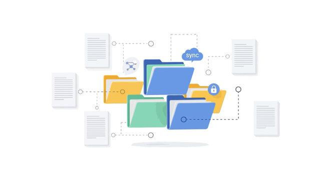 A colorful illustration of organized business documents and folders with cloud storage symbols, conveying a sense of modern organization and digital workflow.