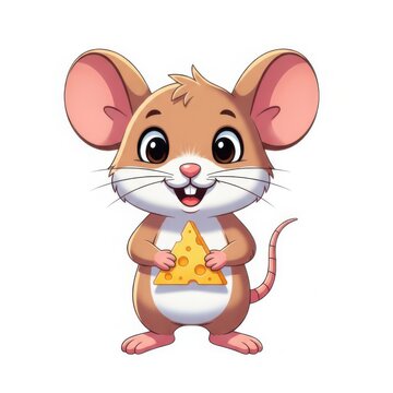 Cute cartoon brown mouse holding a piece of yellow cheese