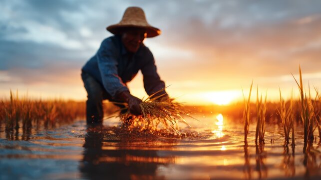 A rice farmer gathers crops in a flooded field during sunset, highlighting the intersection of hard work and nature's beauty in traditional agricultural practices.