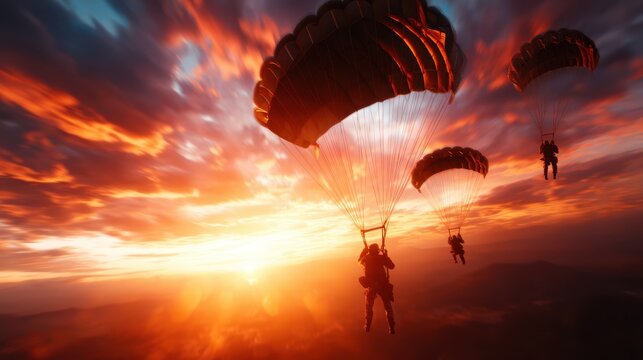 Three parachuters descending gracefully against a vibrant sunset sky, capturing the thrill and adventure of skydiving in a dramatic and breathtaking moment.