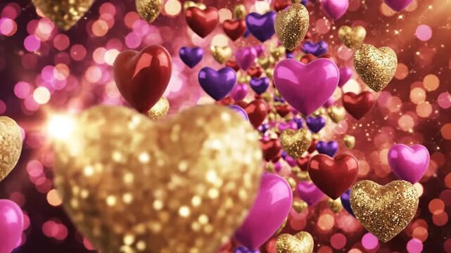 Animated Hearts Floating Upwards with Bokeh Lights Background.