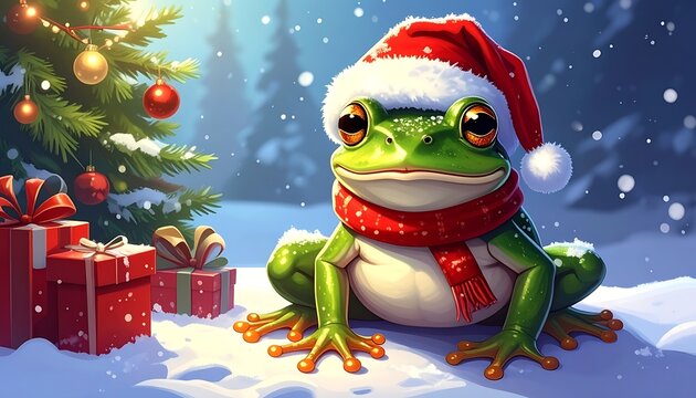 A green frog in Santa hat and scarf sitting by Christmas tree