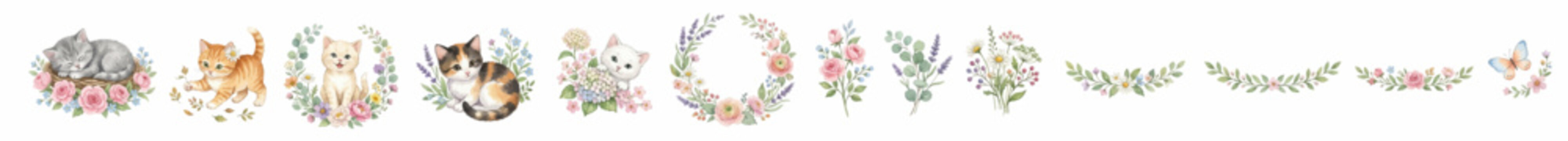 Adorable kitten clipart set with flowers, leaves and wreath compositions in delicate watercolor style, perfect for invitations and decor. Collection of Vector illustration for invitation, card, poster