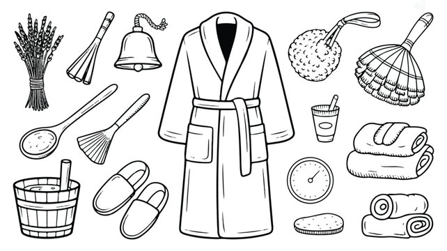 An illustration depicts a bathrobe surrounded by various bathroom accessories and toiletries.