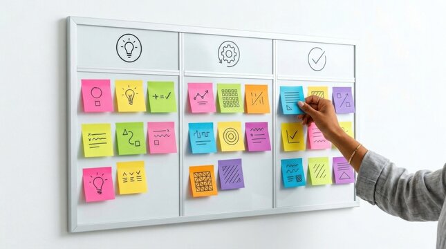 Hand Placing Colorful Sticky Notes on Kanban Board