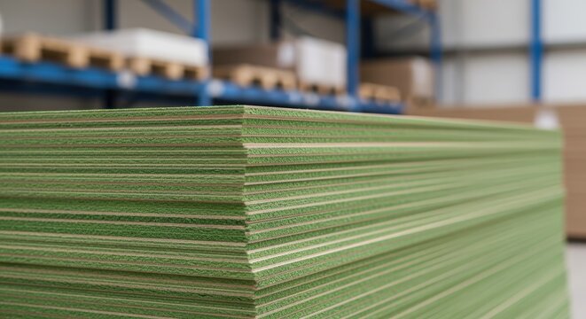 Drywall panel stack placed in warehouse ready for construction use and building supply