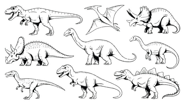 A cartoon illustration of various dinosaurs standing in a landscape