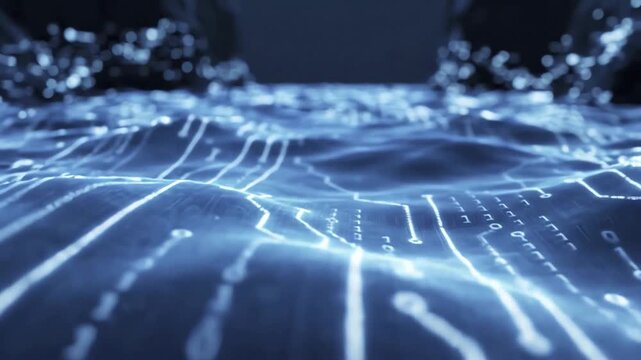 Digital Circuitry Flowing Through Abstract Blue Waves With Binary Code Animation