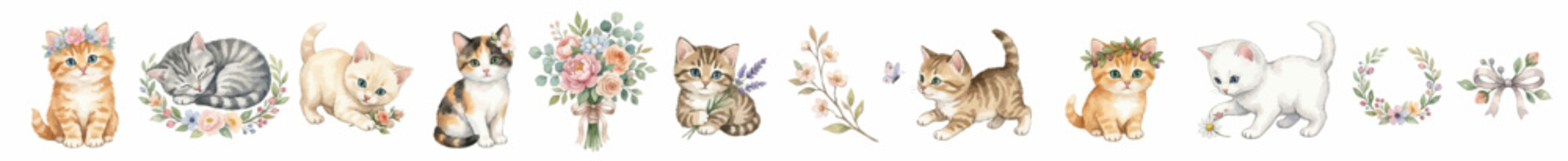 Adorable kitten clipart set with flowers, bouquets and botanical details in delicate watercolor style for invitations and decor. Collection of Vector illustrations for invitation, card, poster, banner © maria