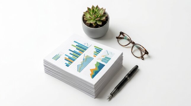 Business Analytics Report Stack with Succulent Plant and Pen