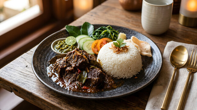 Beef rendang paired with a neat dome of jasmine rice and saut&eacute;ed greens creates an elegant and balanced plate for a sophisticated dining experience.