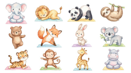 Fototapeta premium Cute baby animals doing yoga poses, watercolor set with jungle and forest characters in soft pastel style for nursery and kids design. Collection of Vector illustrations for invitation, card, poster