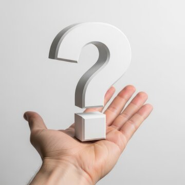 A human hand holding a 3d silver question mark symbol