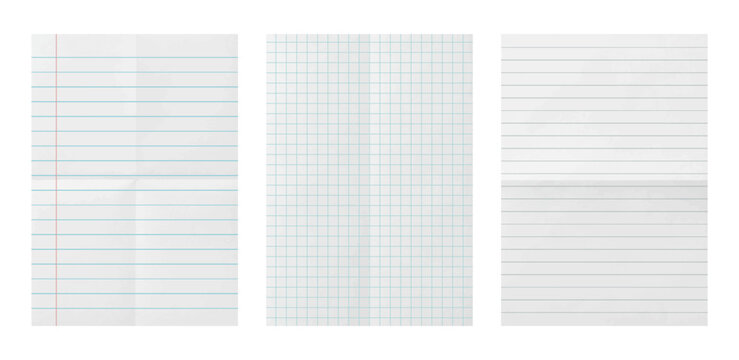 Lined and grid checkered notebook paper texture set, folded blank school sheet collection isolated on transparent background