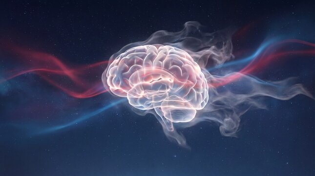 Glowing translucent human brain surrounded by red and blue auroras